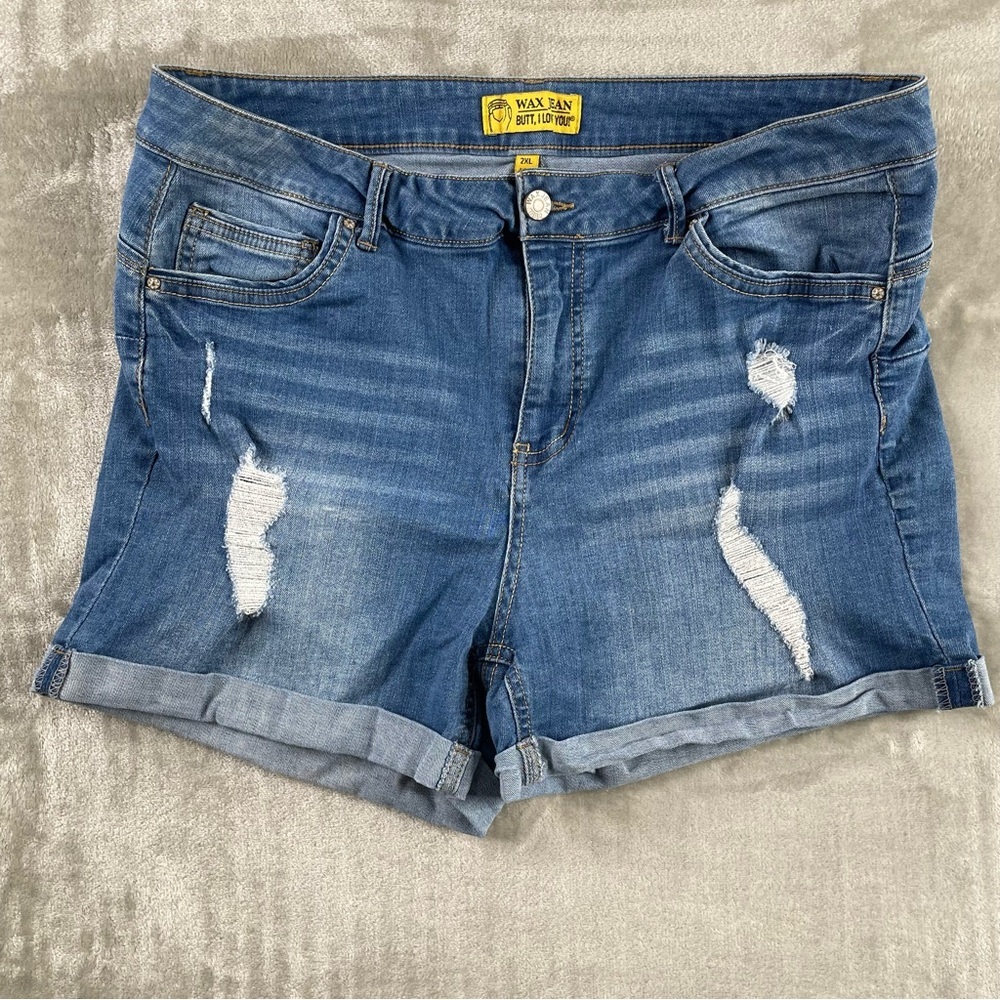 Wax Jean Womens Distressed Jean Shorts Size 2XL Blue Denim Frayed Cuffs